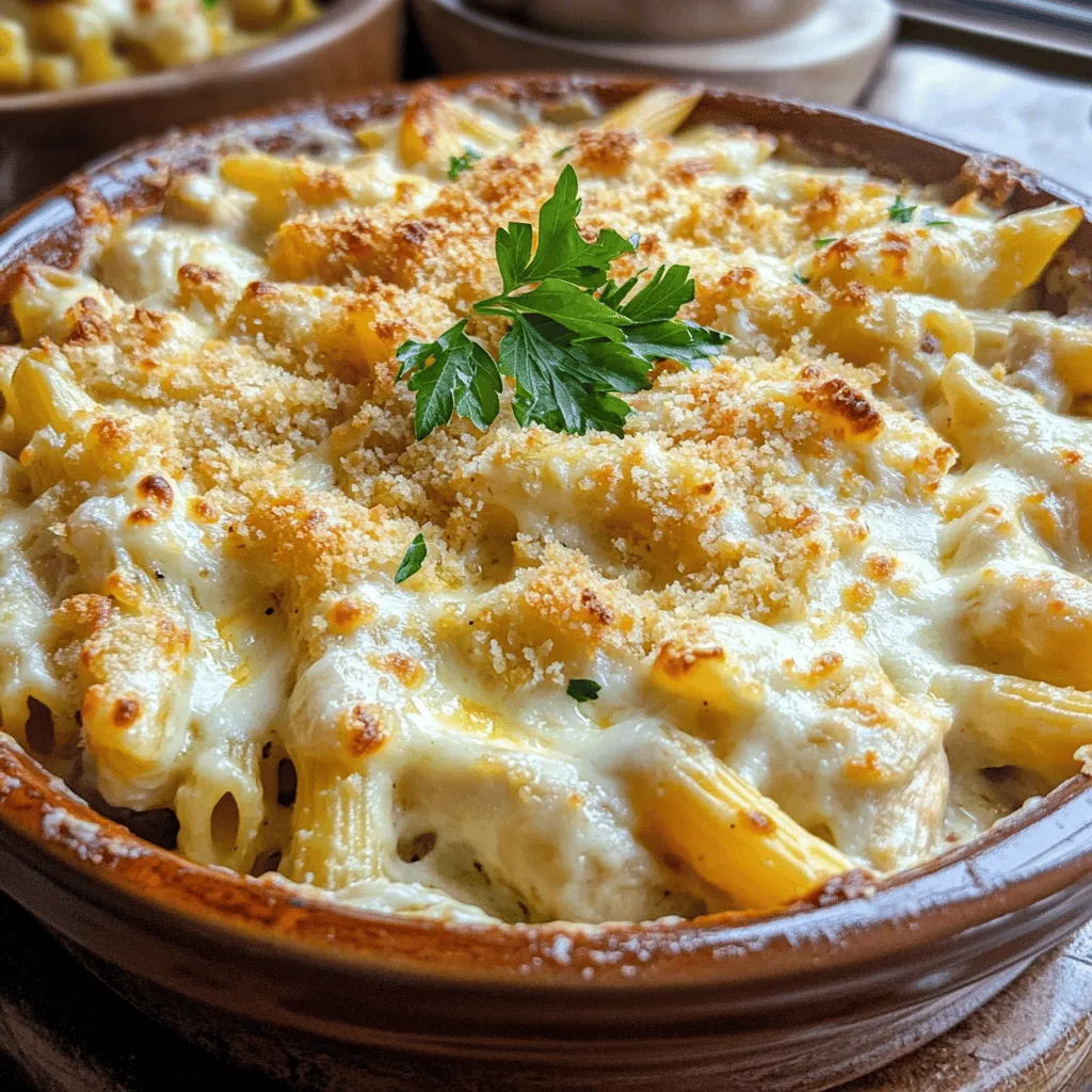 - 2 cups penne pasta - 2 cups cooked chicken, shredded - 3 cloves garlic, minced - 1 cup heavy cream - 1 cup shredded mozzarella cheese - 1 cup grated Parmesan cheese - 1 tablespoon olive oil - 1 teaspoon Italian seasoning - Salt and pepper to taste - 1/2 cup breadcrumbs - Fresh parsley, chopped (for garnish)