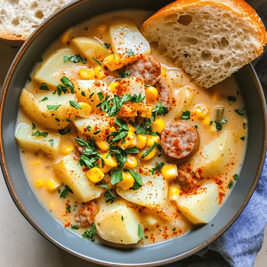To make my homemade potato and sausage chowder, you need the following ingredients: - 4 medium-sized potatoes, peeled and diced - 1 lb (450g) smoked sausage, sliced - 1 medium onion, chopped - 3 cloves garlic, minced - 4 cups (950ml) chicken broth - 1 cup (240ml) heavy cream - 1 cup (150g) frozen corn - 2 stalks celery, chopped - 2 tablespoons olive oil - 1 teaspoon dried thyme - 1 teaspoon paprika - Salt and pepper to taste - Fresh parsley, chopped (for garnish)
