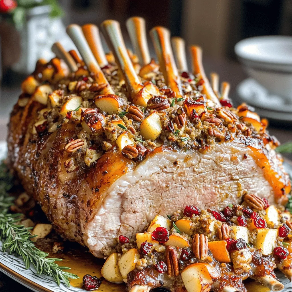 For a perfect stuffed pork crown roast, gather these main ingredients: - 1 (8-10 pound) pork crown roast - 2 cups bread crumbs - 1 onion, finely chopped - 2 cloves garlic, minced - 2 apples, peeled and diced - 1 cup dried cranberries - 1 cup pecans, chopped - 1 tablespoon fresh rosemary, chopped - 1 tablespoon fresh thyme, chopped - 2 eggs, beaten - 1 cup chicken broth - Salt and pepper to taste - Olive oil for drizzling - Fresh herbs for garnish (optional)