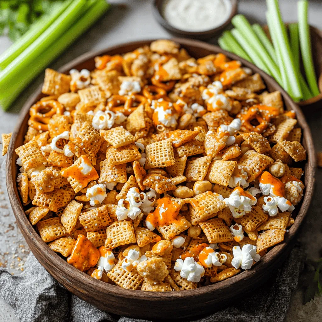 The Buffalo Chex Mix recipe is simple yet full of flavor. It features key ingredients that make this snack a hit.
