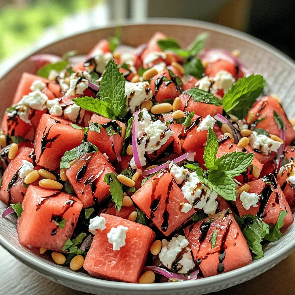 To make the best watermelon salad, start with fresh, ripe watermelon. I love using seedless watermelon for ease. Cut it into bite-sized cubes for easy eating. You want about four cups to fill a large bowl.