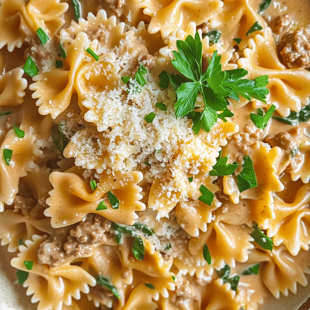 - 12 oz bowtie pasta - 1 lb ground beef - 1 cup heavy cream - 1 cup grated Parmesan cheese