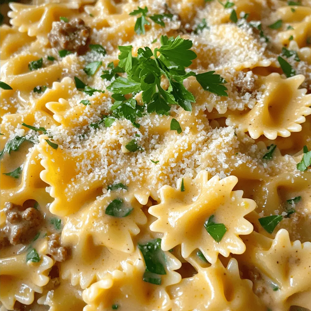 Creamy Garlic Parmesan Bowtie Pasta with Beef Delight