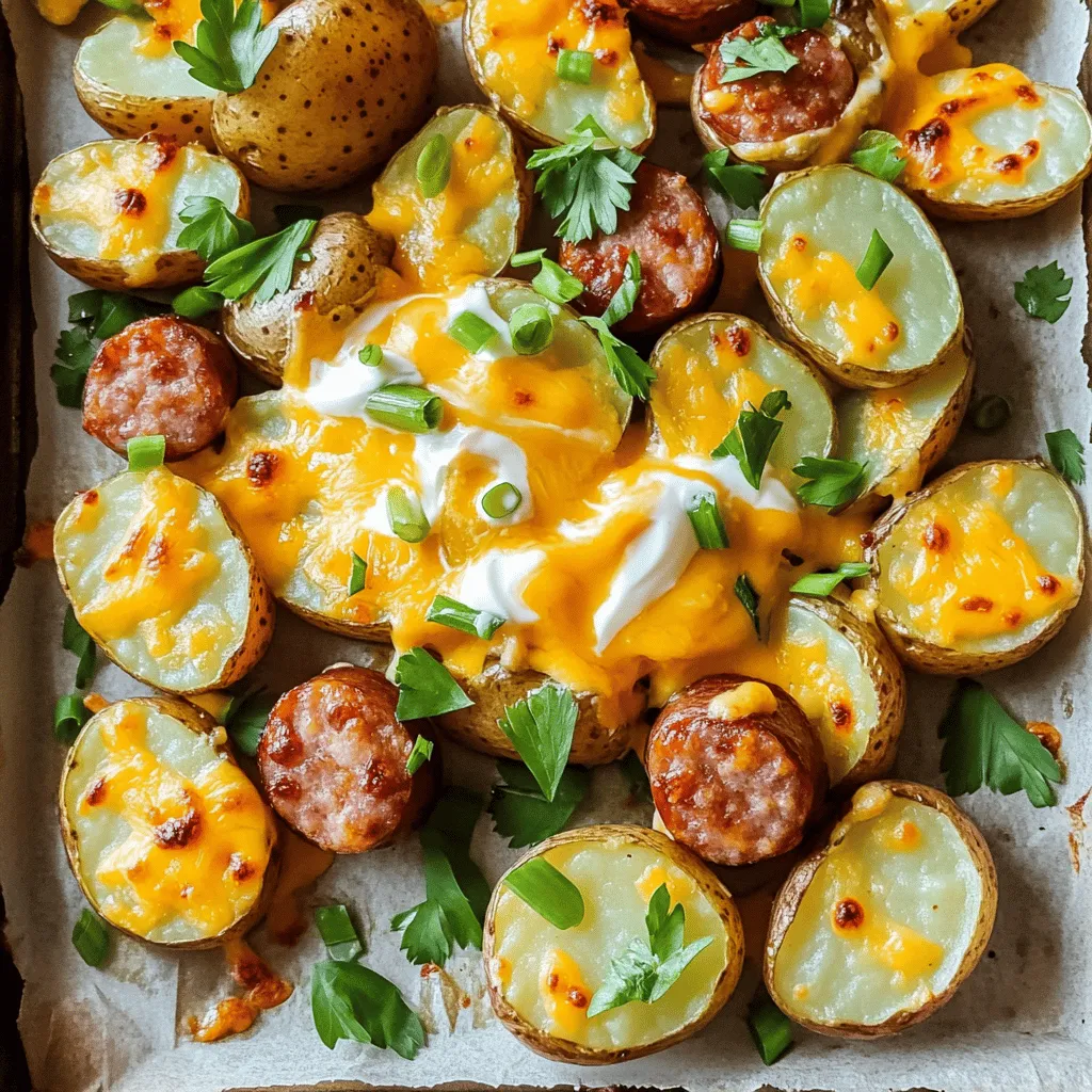 - 1 lb baby potatoes, halved - 1 lb smoked sausage, sliced - 1 tablespoon olive oil - 1 packet ranch seasoning mix - 2 cups shredded cheddar cheese - 1 cup sour cream - 2 green onions, sliced - Salt and pepper to taste - Fresh parsley for garnish (optional)