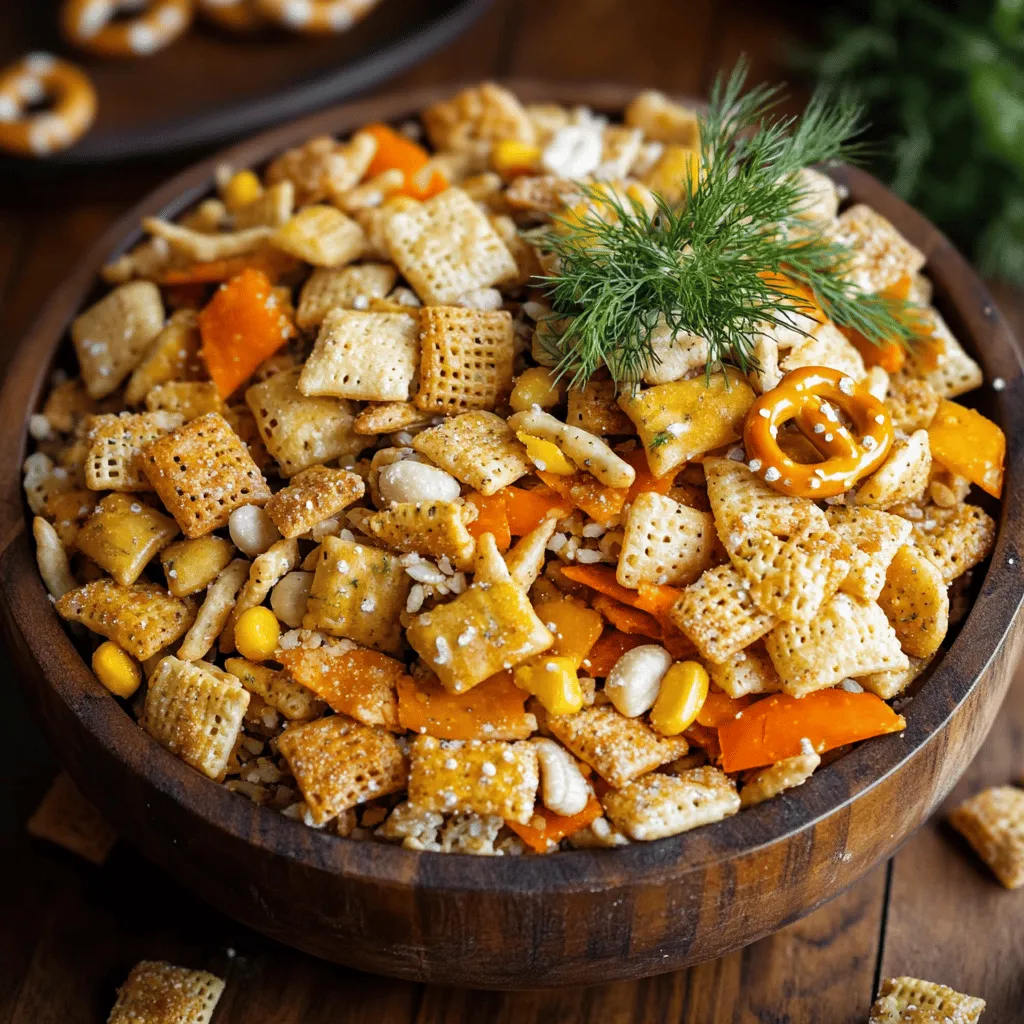 To make Dill Pickle Chex Mix, you need some fun and tasty Chex Mix ingredients. First, you will use two types of cereal: rice Chex and corn Chex. Each one adds a nice crunch. Then, grab some pretzel sticks. They add saltiness and a great texture.