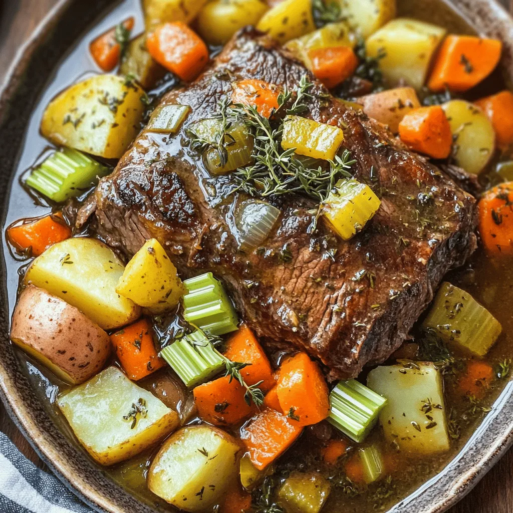 - 3 to 4 pounds chuck roast - 2 tablespoons olive oil - Salt and pepper to taste - 1 onion, chopped - 4 cloves garlic, minced - 4 carrots, cut into large chunks - 3 sticks celery, cut into large chunks - 4 medium potatoes, quartered - 2 cups beef broth - 1 cup water - 2 tablespoons Worcestershire sauce (optional) - 1 teaspoon dried thyme - 1 teaspoon dried rosemary - 1 bay leaf