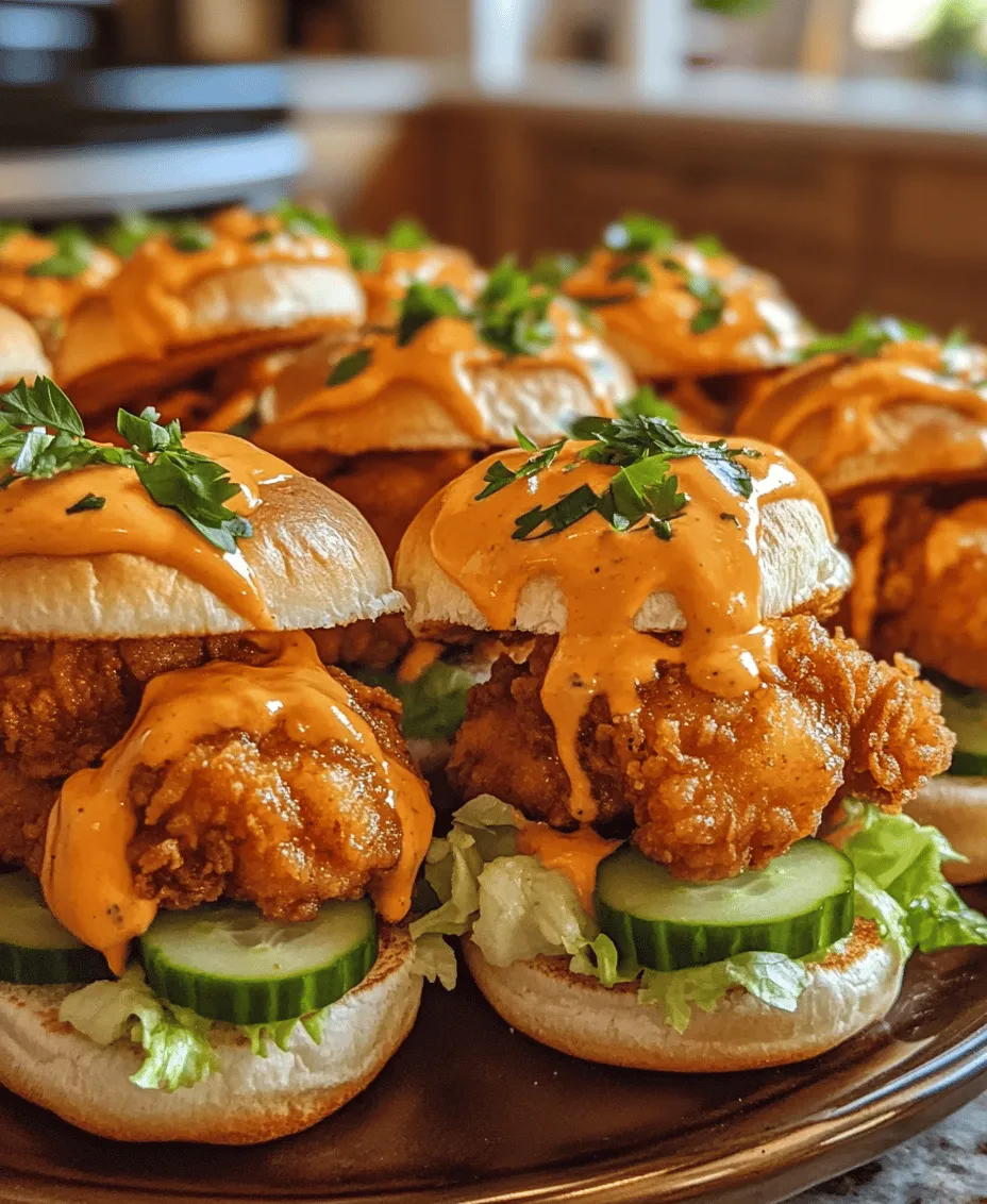 Originating from the popular Bang Bang shrimp dish made famous by various restaurants, Bang Bang Chicken Sliders have taken the culinary world by storm. This dish marries the idea of a classic slider with the zest and kick of Bang Bang sauce, typically made from mayonnaise and sweet chili sauce, which provides a delightful creaminess combined with a hint of heat. Sliders, in general, have become a trendy option for appetizers and meals alike, allowing for easy customization and serving. The small, handheld size makes them perfect for sharing, and they can easily be dressed up or down depending on the occasion.