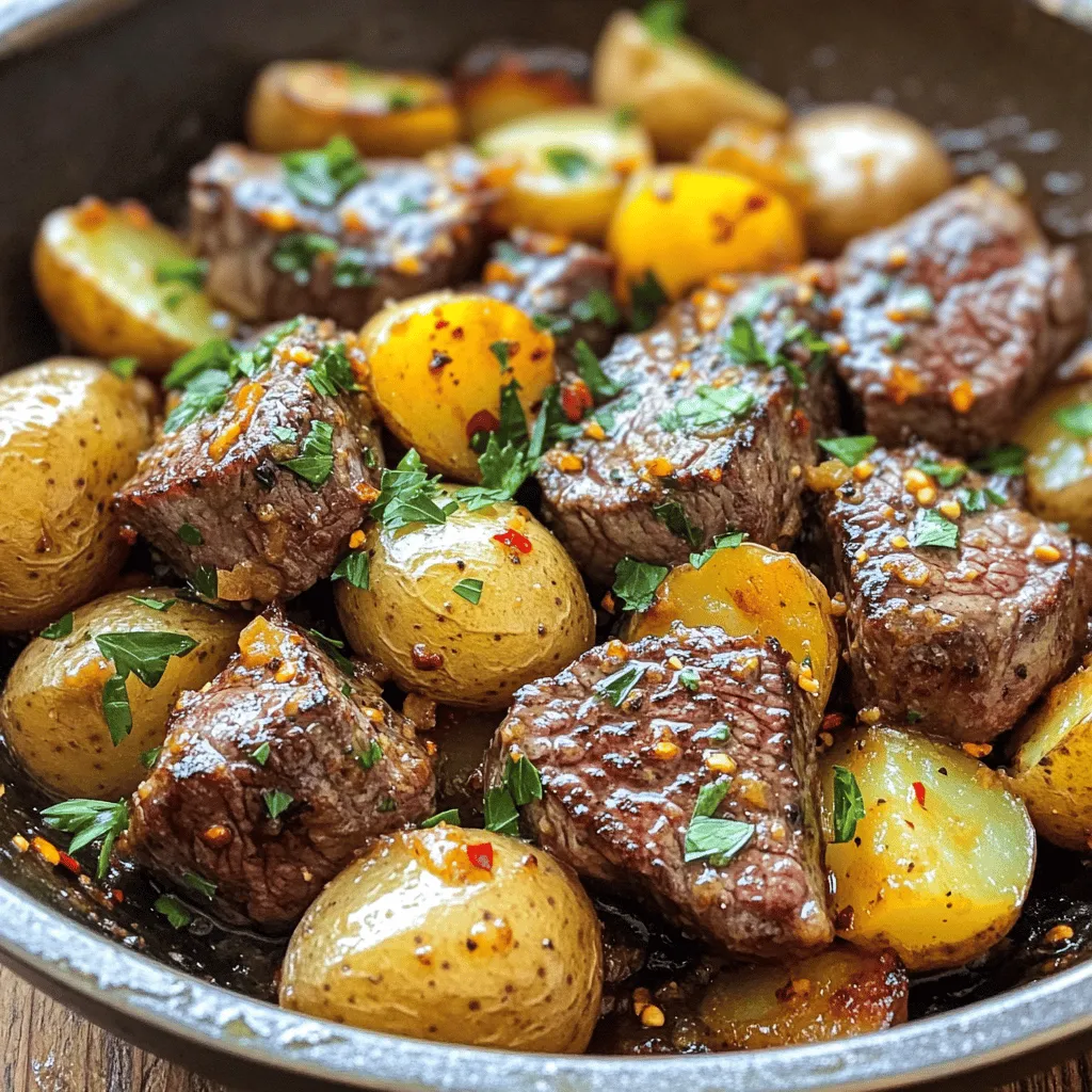 - 1 lb sirloin steak, cut into bite-sized pieces - 1 lb baby potatoes, halved - 4 tablespoons butter - 4 cloves garlic, minced - 1 teaspoon dried rosemary - 1 teaspoon dried thyme - Salt and pepper to taste - Fresh parsley, chopped (for garnish) - 1 tablespoon olive oil - Optional: chili flakes for a spicy kick