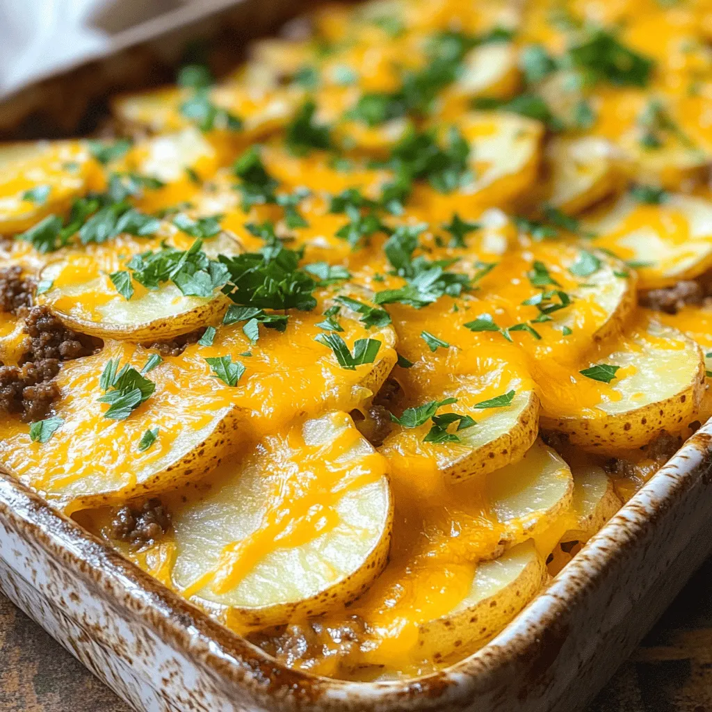 - 1 lb ground beef - 4 large russet potatoes, thinly sliced - 1 onion, diced - 2 cloves garlic, minced