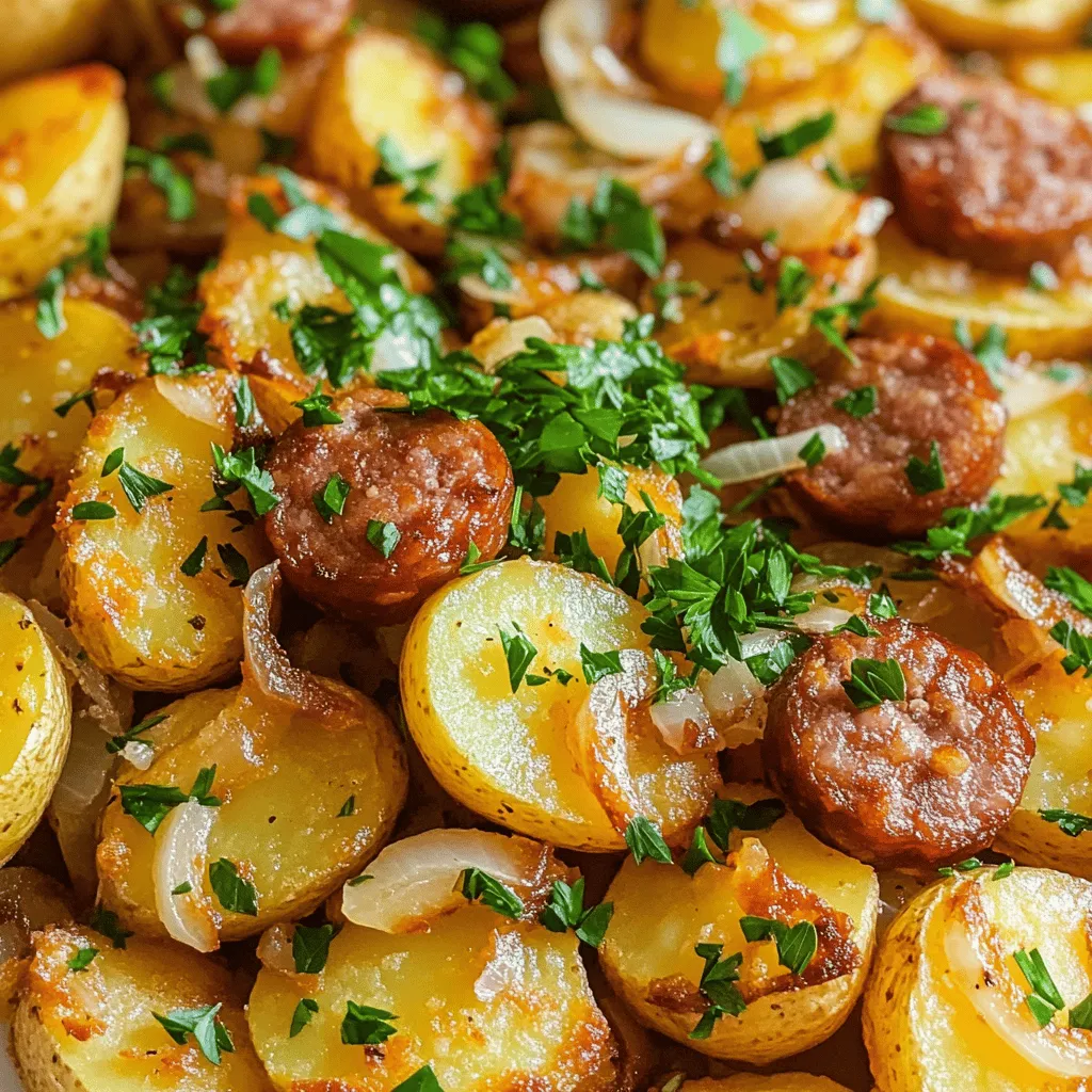 - 4 medium russet potatoes, peeled and diced - 1 pound Polish sausage, sliced into rounds - 1 medium onion, diced - 3 cloves garlic, minced - 1 teaspoon smoked paprika - 1 teaspoon dried thyme - ½ teaspoon black pepper - Salt to taste - 3 tablespoons olive oil - Fresh parsley, chopped (for garnish)