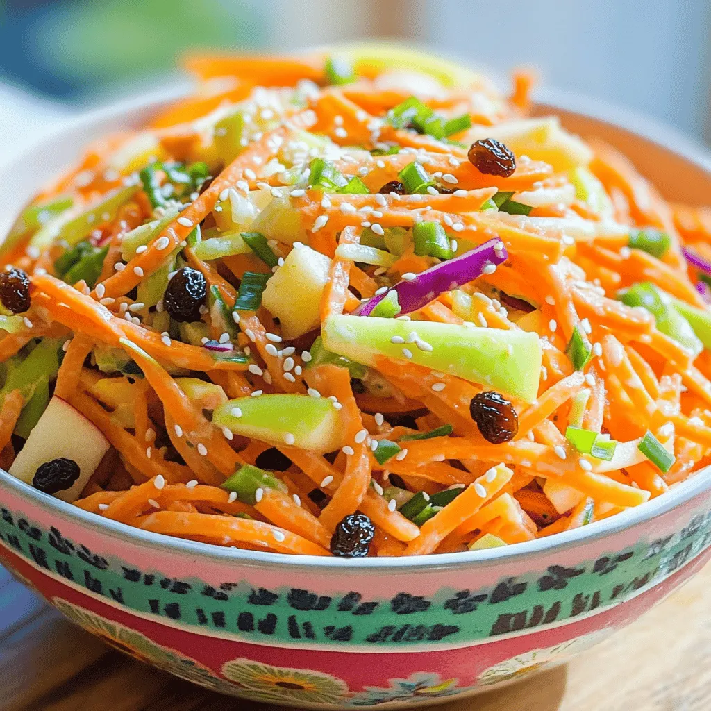 - 2 cups shredded carrots - 1 large apple (like Granny Smith), grated - 1 cup red cabbage, finely shredded - 1/2 cup raisins or dried cranberries - 1/4 cup green onions, chopped - 1/2 cup plain Greek yogurt - 2 tablespoons apple cider vinegar - 1 tablespoon honey or maple syrup - 1 teaspoon Dijon mustard - Salt and pepper to taste