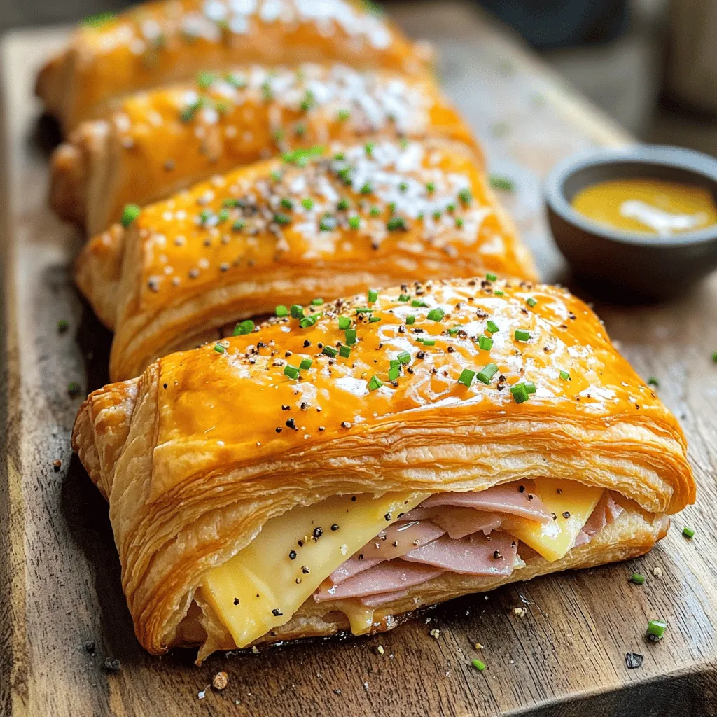 - 6 large buttery croissants - 6 slices of Swiss cheese - 6 slices of thinly sliced ham - 2 tablespoons Dijon mustard - 2 tablespoons honey (optional)