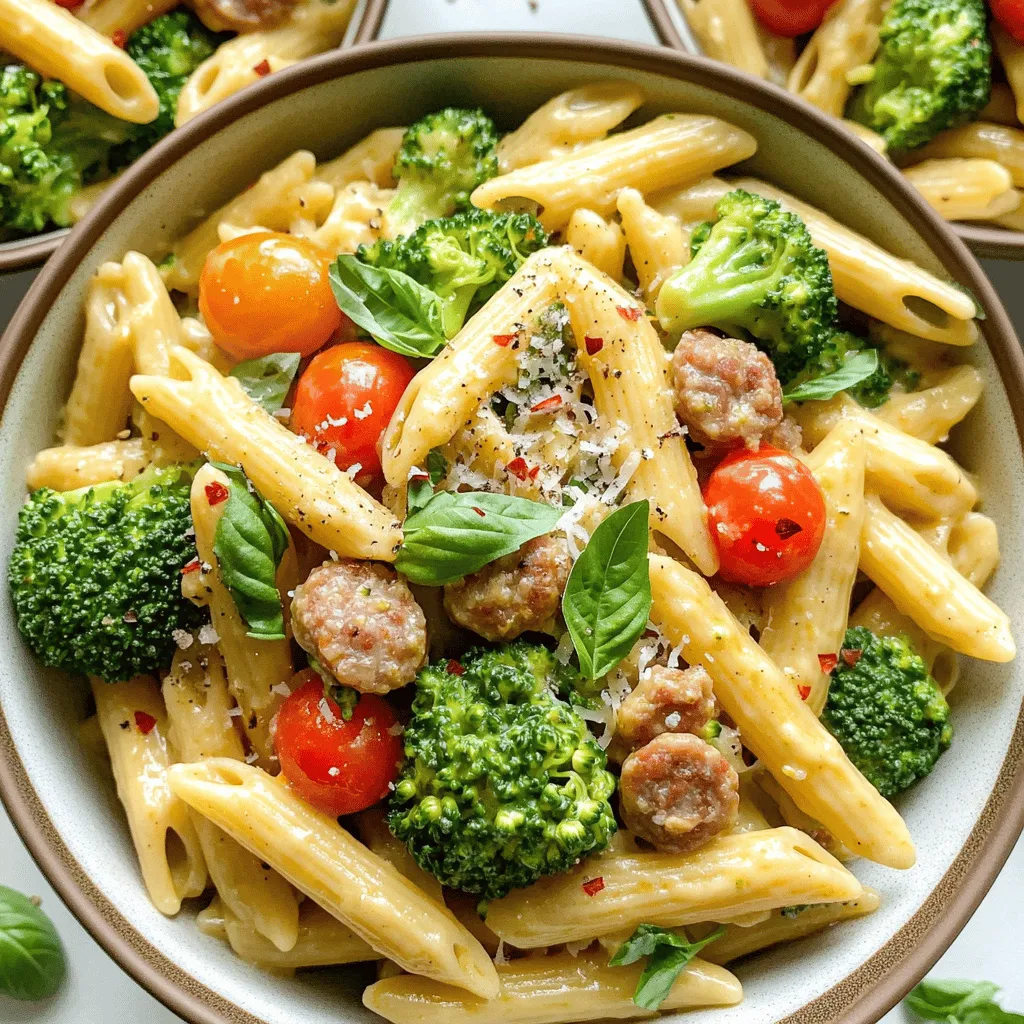 The broccoli and sausage pasta recipe shines with simple and fresh ingredients. First, I choose penne pasta. Its tubular shape holds sauce well. You can also use other pasta types like rotini or farfalle. Each adds its unique touch.