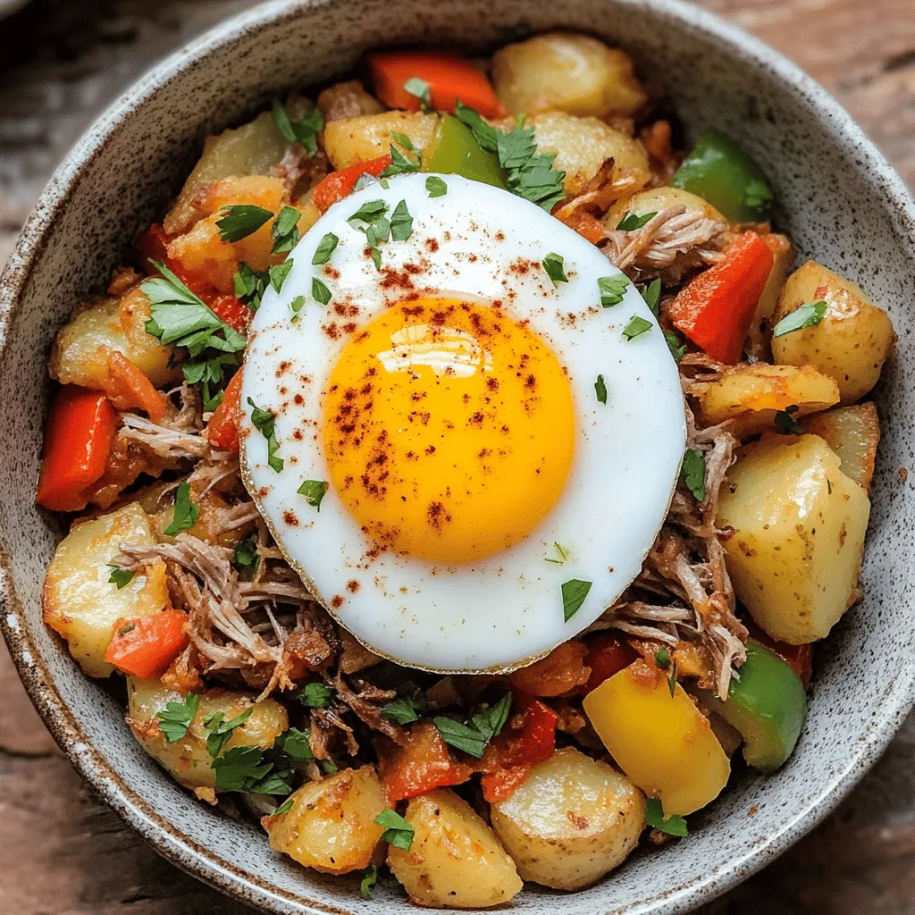 To make pulled pork hash, you need some key base ingredients. Start with pulled pork and potatoes. I prefer using russet or Yukon gold potatoes for their creamy texture. Diced potatoes create the perfect base. They soak up flavors and get crispy on the outside.
