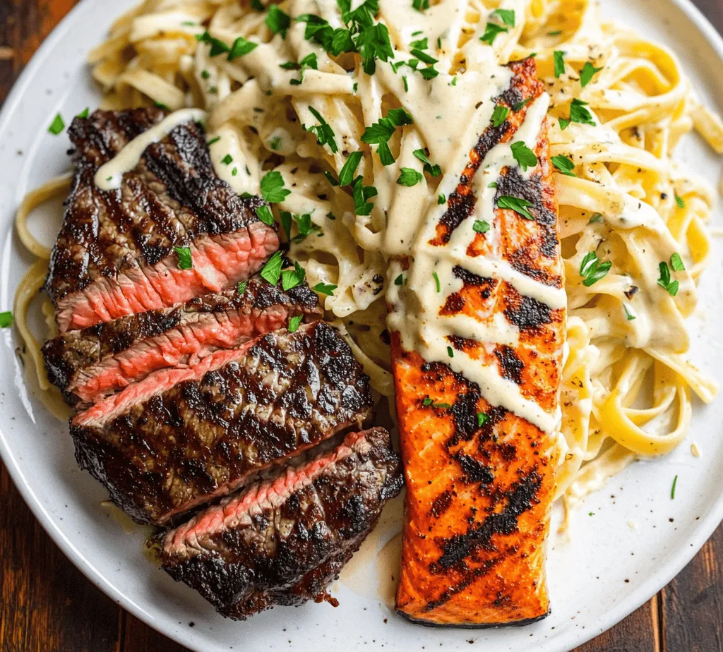 Welcome to the world of culinary indulgence with our Blackened Steak and Salmon Alfredo—a dish that brings together two beloved proteins in a rich, creamy sauce that is sure to impress. This recipe is an exquisite fusion of flavors and textures, perfect for a gourmet dinner or a special occasion. Imagine tender, juicy steak paired with flaky, succulent salmon, all enveloped in a velvety Alfredo sauce and served over perfectly cooked fettuccine pasta. The combination not only tantalizes the taste buds but also elevates your dining experience to a whole new level.