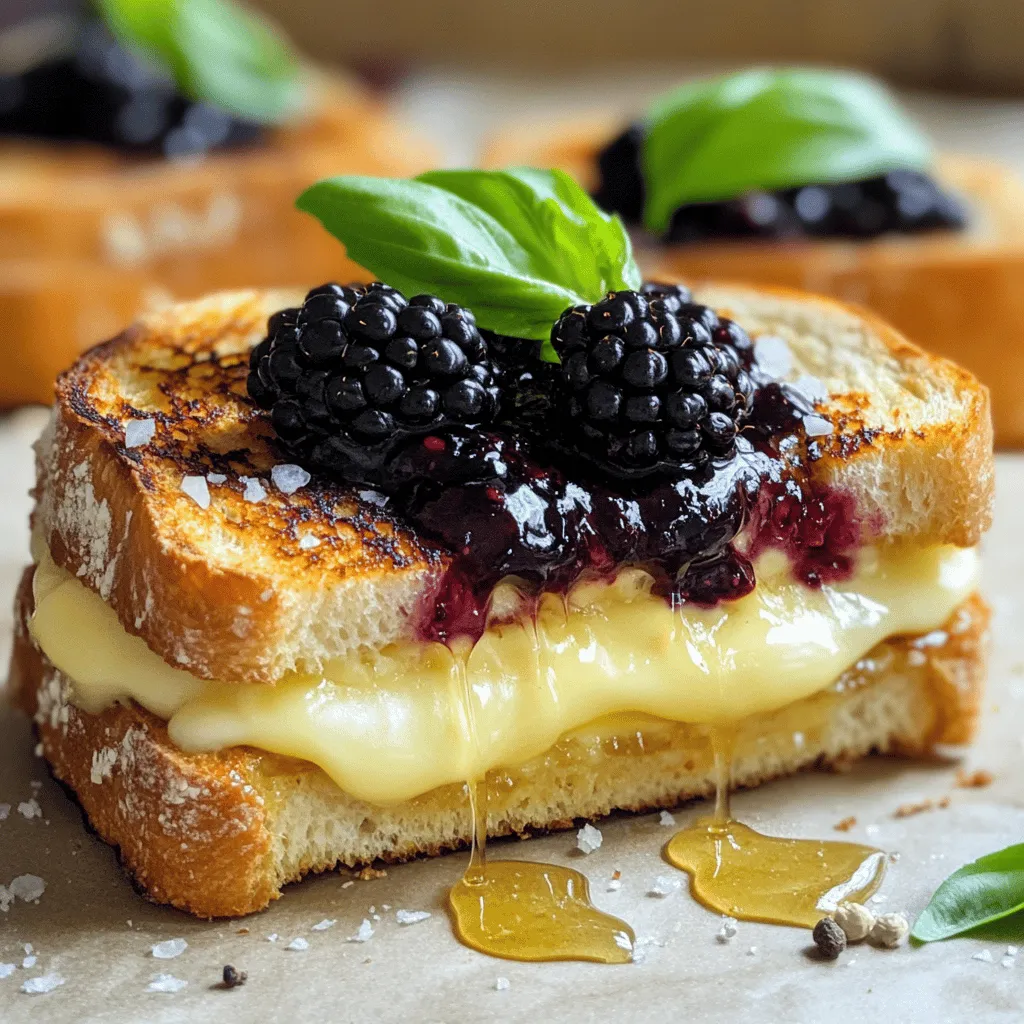 - 2 slices of artisanal sourdough bread - 1 tablespoon unsalted butter, softened - 2 ounces Brie cheese, sliced - 1/4 cup fresh blackberries - 1 tablespoon honey - Fresh basil leaves (optional for garnish) - Salt and pepper to taste