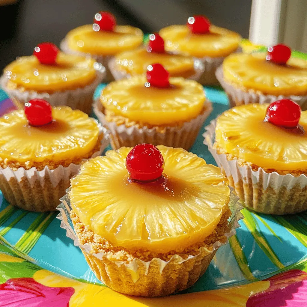 - 1 can (8 oz) pineapple slices in juice, drained - 1/3 cup brown sugar - 2 tablespoons butter, melted - 1 cup graham cracker crumbs - 1/4 cup granulated sugar - 1/4 cup unsalted butter, melted (for crust) - 1 (8 oz) package cream cheese, softened - 1/2 cup powdered sugar - 1 teaspoon vanilla extract - 1 cup heavy whipping cream - Maraschino cherries for topping (optional)