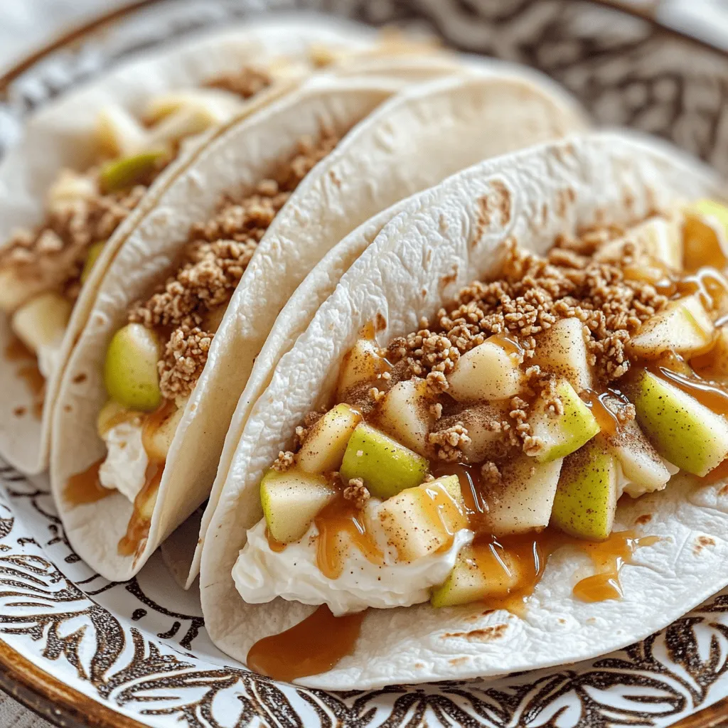 To make apple cheesecake tacos, you need a few simple items. Start with four small flour tortillas. These will be your taco shells. Next, grab one cup of softened cream cheese. It gives the filling a rich, smooth texture. You will also need one-third cup of powdered sugar for sweetness. One teaspoon of vanilla extract adds a lovely flavor.