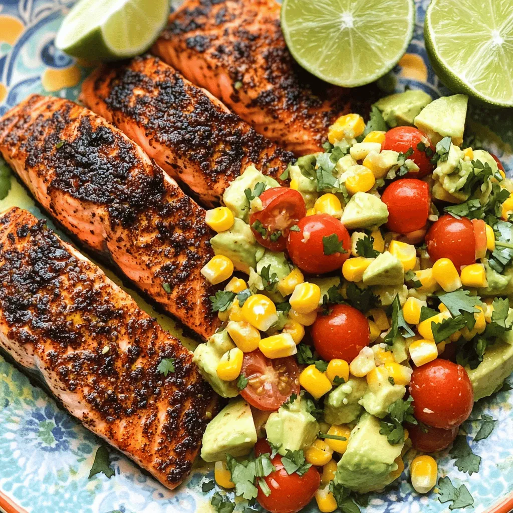 To make a great blackened salmon recipe, you need fresh salmon fillets and some tasty spices. The spice mix includes smoked paprika, garlic powder, onion powder, cayenne pepper, dried thyme, salt, and black pepper. This combo gives the salmon a bold, smoky flavor.