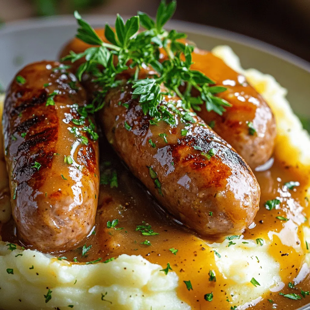 - 4 pork sausages (or your choice of sausage) - 4 large potatoes, peeled and chopped - 1/2 cup milk - 4 tablespoons butter - 1 tablespoon olive oil
