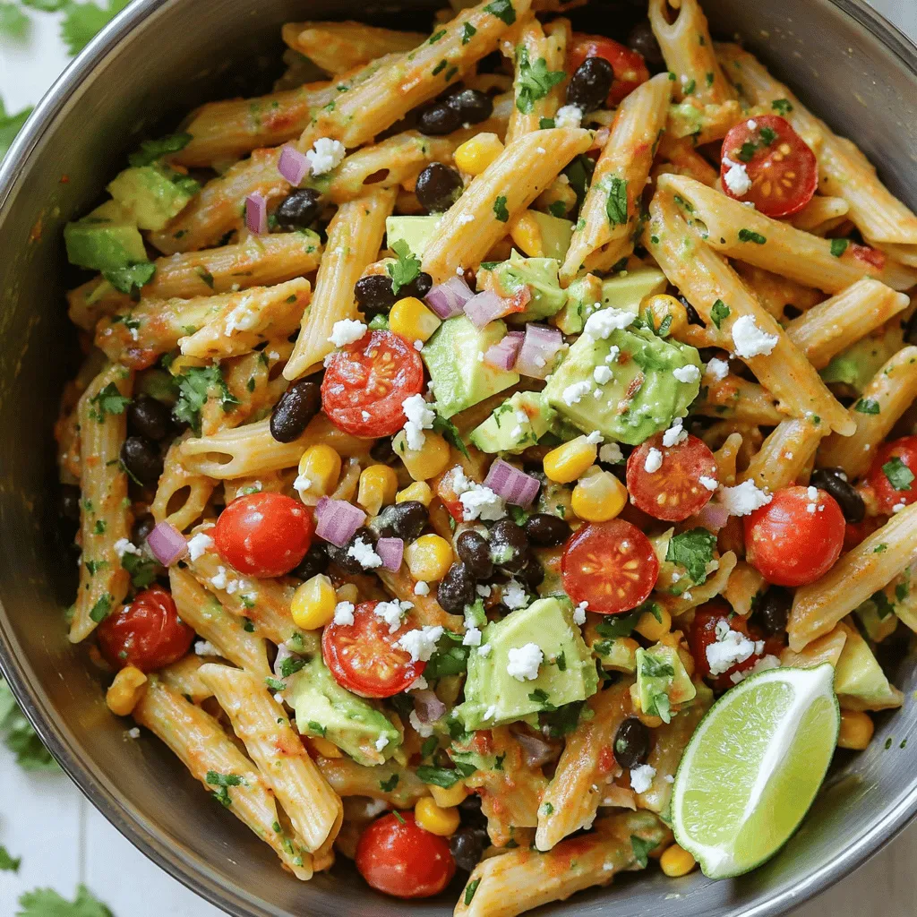 - 8 ounces penne pasta - 1 can (15 ounces) black beans, rinsed and drained - 1 cup cherry tomatoes, halved - 1 red bell pepper, diced - 1 avocado, diced - 1/2 cup corn (fresh, frozen, or canned) - 1/4 cup red onion, finely chopped - 1/4 cup fresh cilantro, chopped - 1/4 cup crumbled feta cheese (optional) - 1/4 cup olive oil - 2 tablespoons lime juice - 1 tablespoon chipotle sauce (adjust for spice preference) - 1 teaspoon cumin - Salt and pepper, to taste