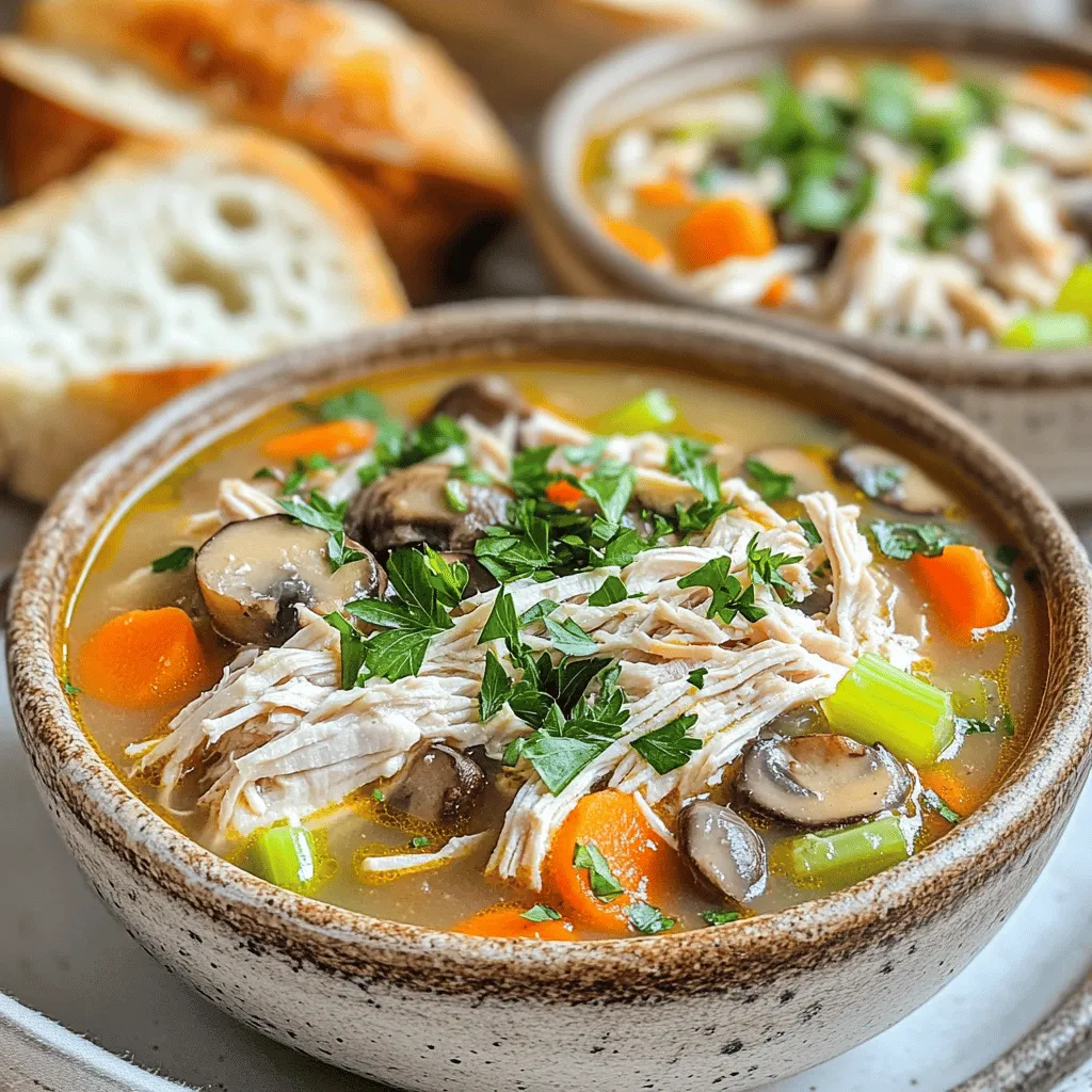 For a great rotisserie chicken soup recipe, you need simple, fresh ingredients. Start with a rotisserie chicken. This saves time and adds rich flavor. You will also need sliced mushrooms, diced onion, minced garlic, diced carrots, and diced celery. These veggies give the soup a nice base. Chicken broth adds depth, while heavy cream makes it creamy. Olive oil, dried thyme, and rosemary bring extra taste. Don’t forget salt and pepper for seasoning. Fresh parsley adds color and freshness at the end.