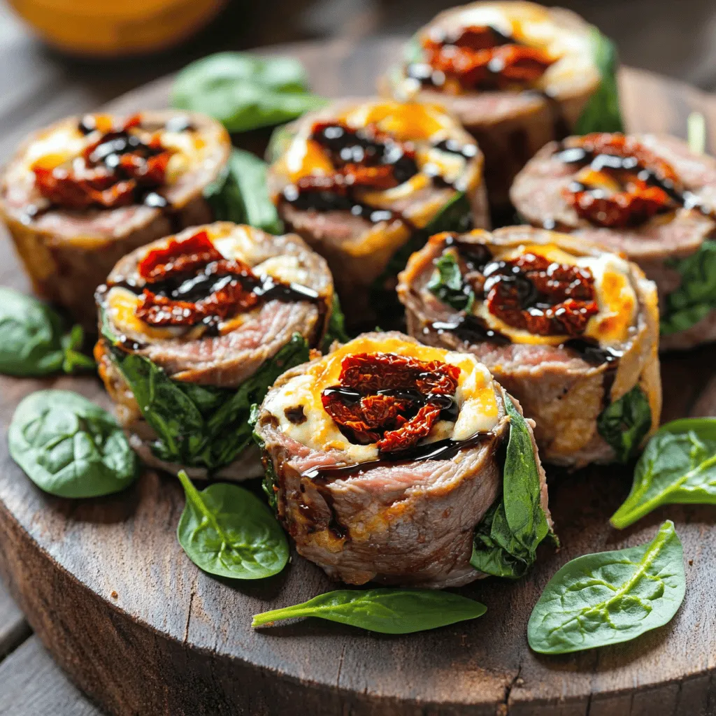 - 1 lb flank steak, sliced thinly against the grain - 1 cup fresh spinach - 1/2 cup chopped sun-dried tomatoes - 1 cup shredded mozzarella cheese - 2 cloves minced garlic - 1 tablespoon olive oil - Salt and pepper to taste - Toothpicks for securing