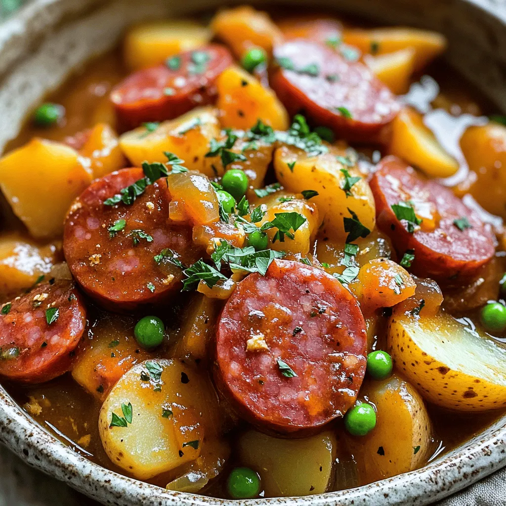 To make slow cooker kielbasa and potatoes, you need a few key ingredients. Start with 1 pound of kielbasa, sliced into thick rounds. You will also need 4 medium russet potatoes, peeled and diced. One large onion, chopped, and 3 cloves of garlic, minced, add great flavor. A cup of chicken broth keeps everything moist. For seasoning, grab Dijon mustard, olive oil, dried thyme, smoked paprika, salt, and pepper. Don