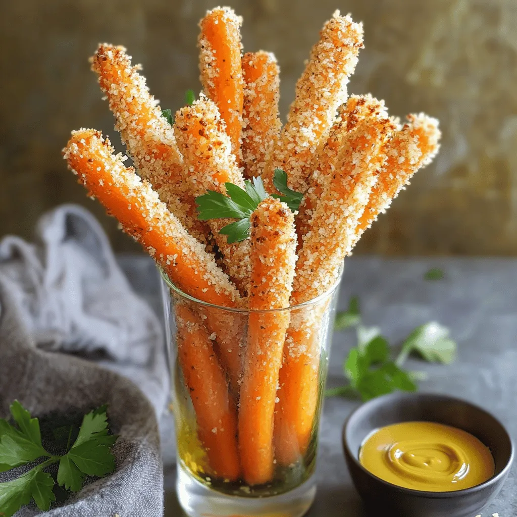 To make Crispy Parmesan Carrot Sticks, gather these items: - 4 medium carrots, peeled and cut into sticks - 1/2 cup grated Parmesan cheese - 1/2 cup breadcrumbs (preferably panko for extra crunch) - 1 teaspoon garlic powder - 1 teaspoon smoked paprika - 1/2 teaspoon salt - 1/4 teaspoon black pepper - 2 large eggs, beaten - 2 tablespoons olive oil
