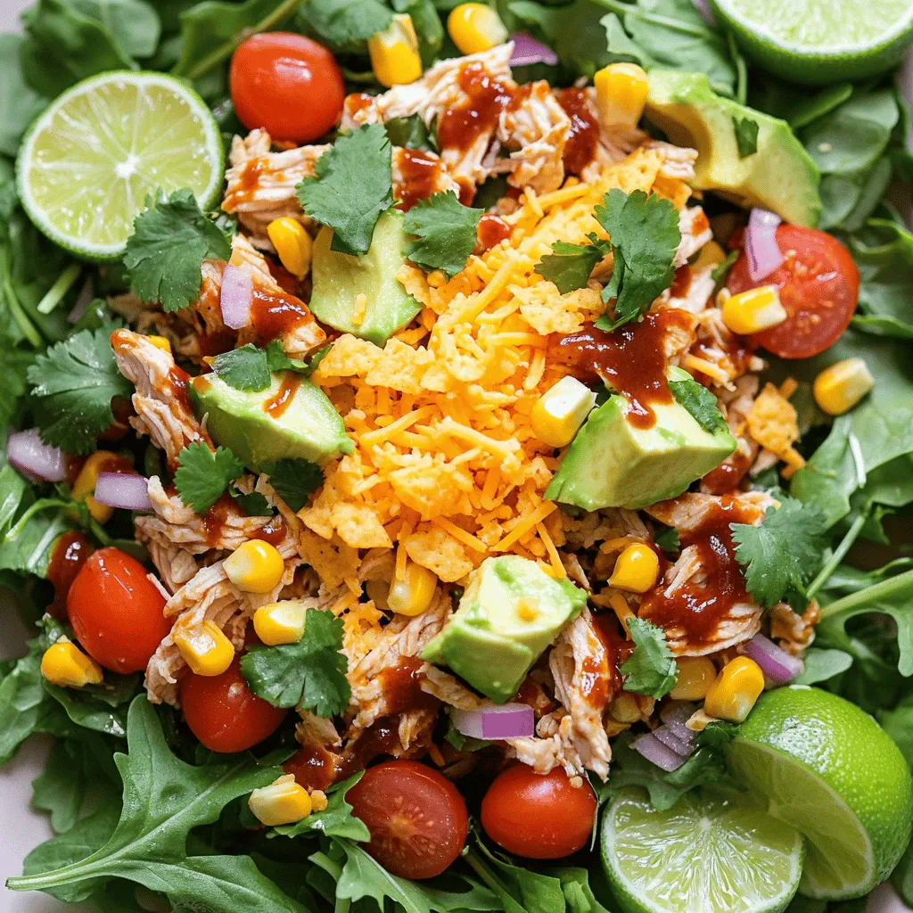 The best BBQ chicken salad starts with simple, fresh ingredients. The main star is cooked chicken breast, which I like to shred. You need about 2 cups of this tender meat. To add flavor, mix it with 1 cup of your favorite barbecue sauce. This sauce brings a sweet and smoky taste that really shines.