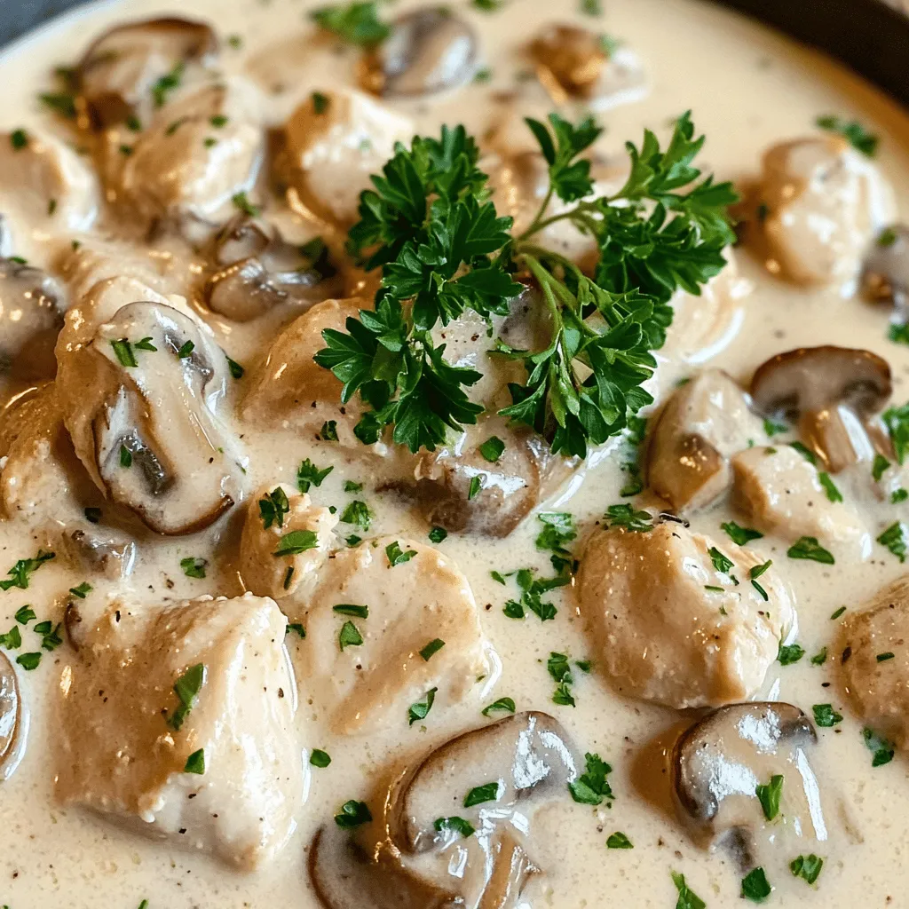 - 2 chicken breasts, diced - 1 cup cream of mushroom soup - 2 cups fresh mushrooms, sliced