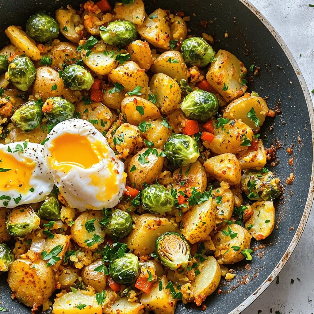 The main star of my Brussels sprouts breakfast hash is, of course, the Brussels sprouts. You need about one pound, trimmed and halved. They add a nice crunch and flavor. Next, I like to use two medium potatoes. Diced potatoes add heartiness and texture. Red bell pepper brings sweetness and color to the dish. A small chopped onion adds depth, and three cloves of minced garlic give that comforting aroma.